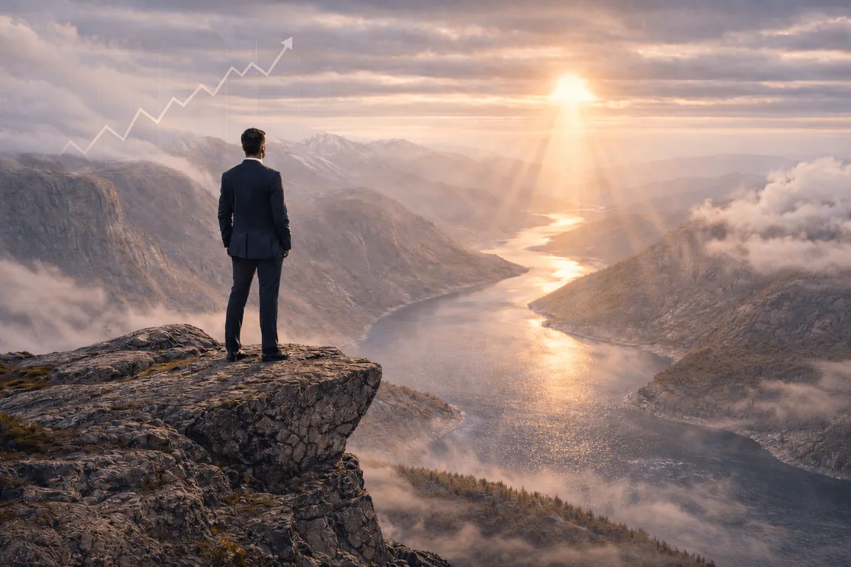 Executivo observando um vale ao amanhecer